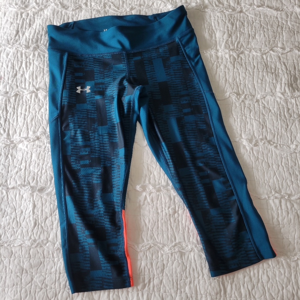 2/$30 UA Compression HeatGear Capri Leggings L Turquoise Neon Orange EUC